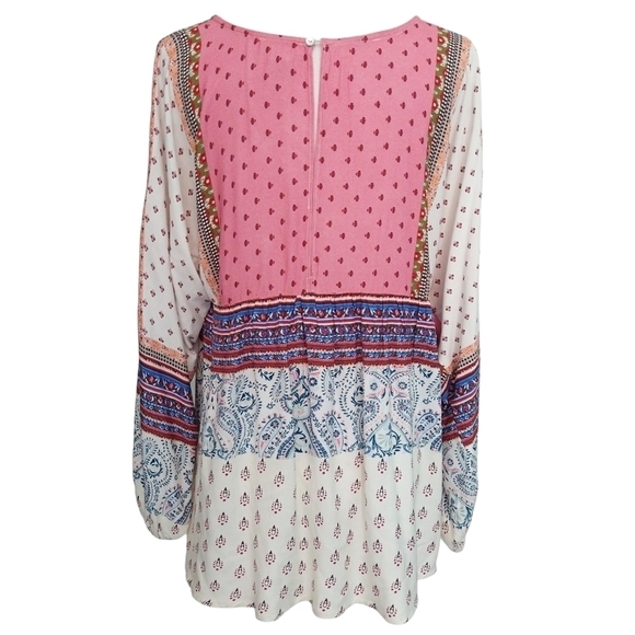 Sundance Poetic Mood Multicolor Boho V-Neck Long Puff Sleeve Top Rayon Crepe - Picture 2 of 10